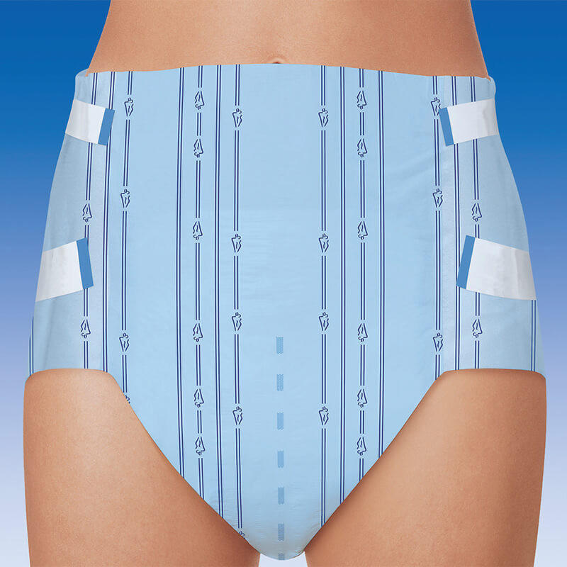 A close-up of an adult wearing Molicare Premium Slip Adult Diapers, Maxi, blue with vertical lines and side fasteners, offers maximum leakage protection against a gradient blue background.