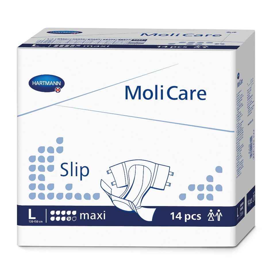 A pack of 14 MoliCare Premium Slip Adult Diapers, Maxi, size large, features overnight absorbency for incontinence. Comes in white and blue packaging with a product diagram on the front. Brand: Molicare.