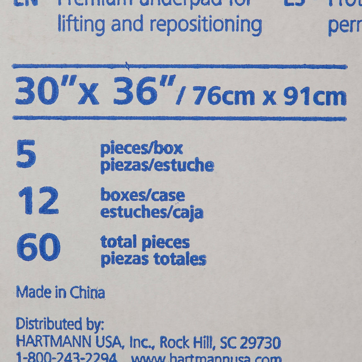 The Molicare Repositioning Underpad by Molicare measures 30 x 36 in (76 x 91 cm), comes 5 per box and 12 boxes per case for a total of 60 super-absorbent pads. Made in China; company contact info is at the bottom of the label.
