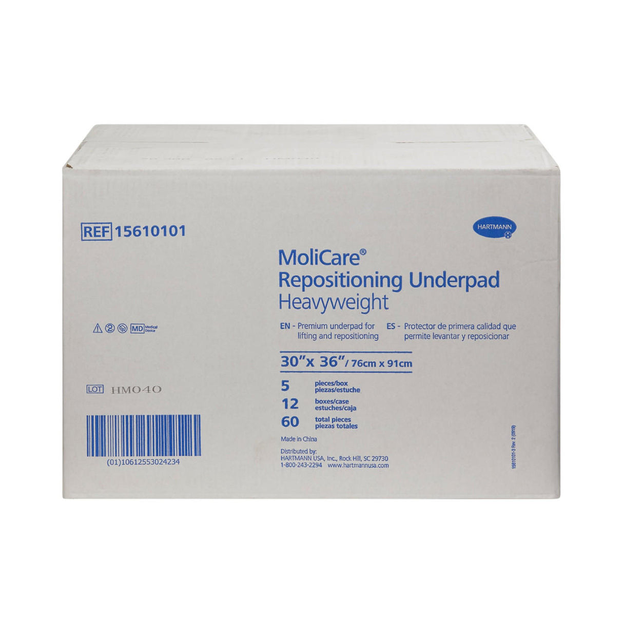 A white box labeled Molicare Repositioning Underpad displays product info, size (30x36in/76x91cm), and quantities (5 pads/pack, 12 packs/case). This super-absorbent underpad provides reliable protection.