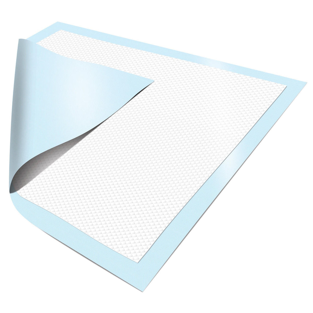 The Molicare MoliCare Repositioning Underpad features a white absorbent center, light blue border, and a peeled corner showing its layers. Perfect for protection or managing incontinence needs.
