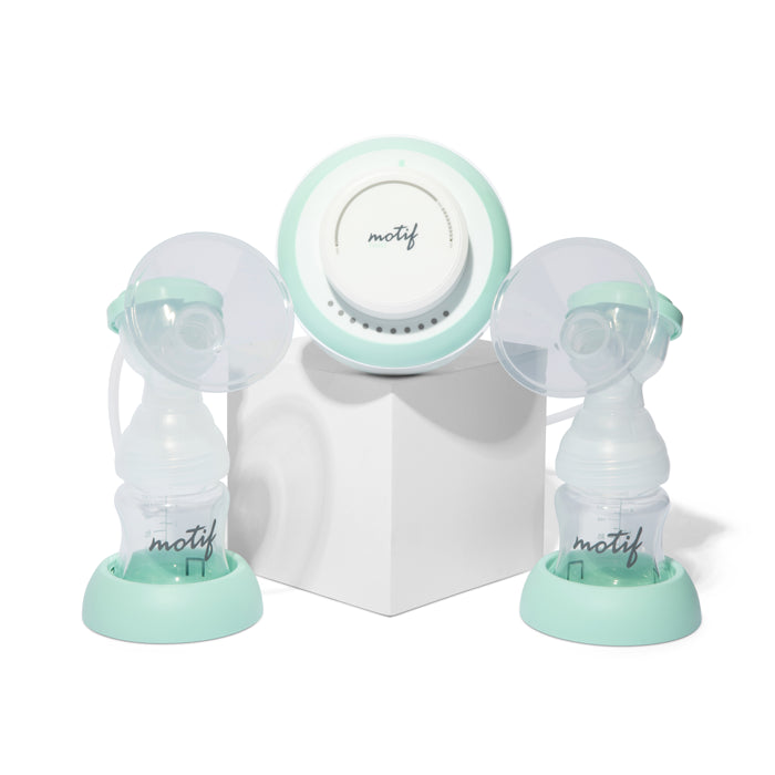 The Motif Twist Double Electric Breast Pump by Motif features hospital-strength suction, two bottles, clear flanges with green bases, and a white control unit labeled motif, all shown on a white background.