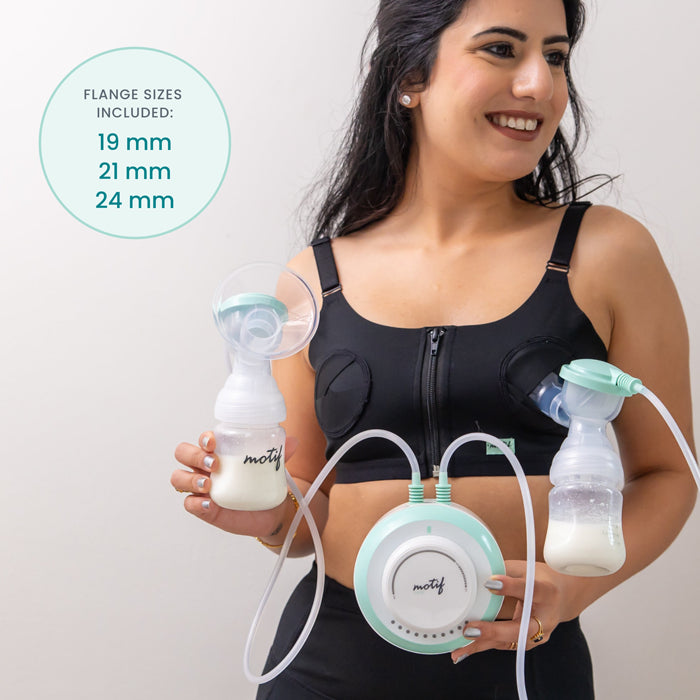 A smiling woman in a black pumping bra uses the Motif Twist Double Electric Breast Pump with two milk bottles. A circular label highlights three flange sizes: 19 mm, 21 mm, and 24 mm.