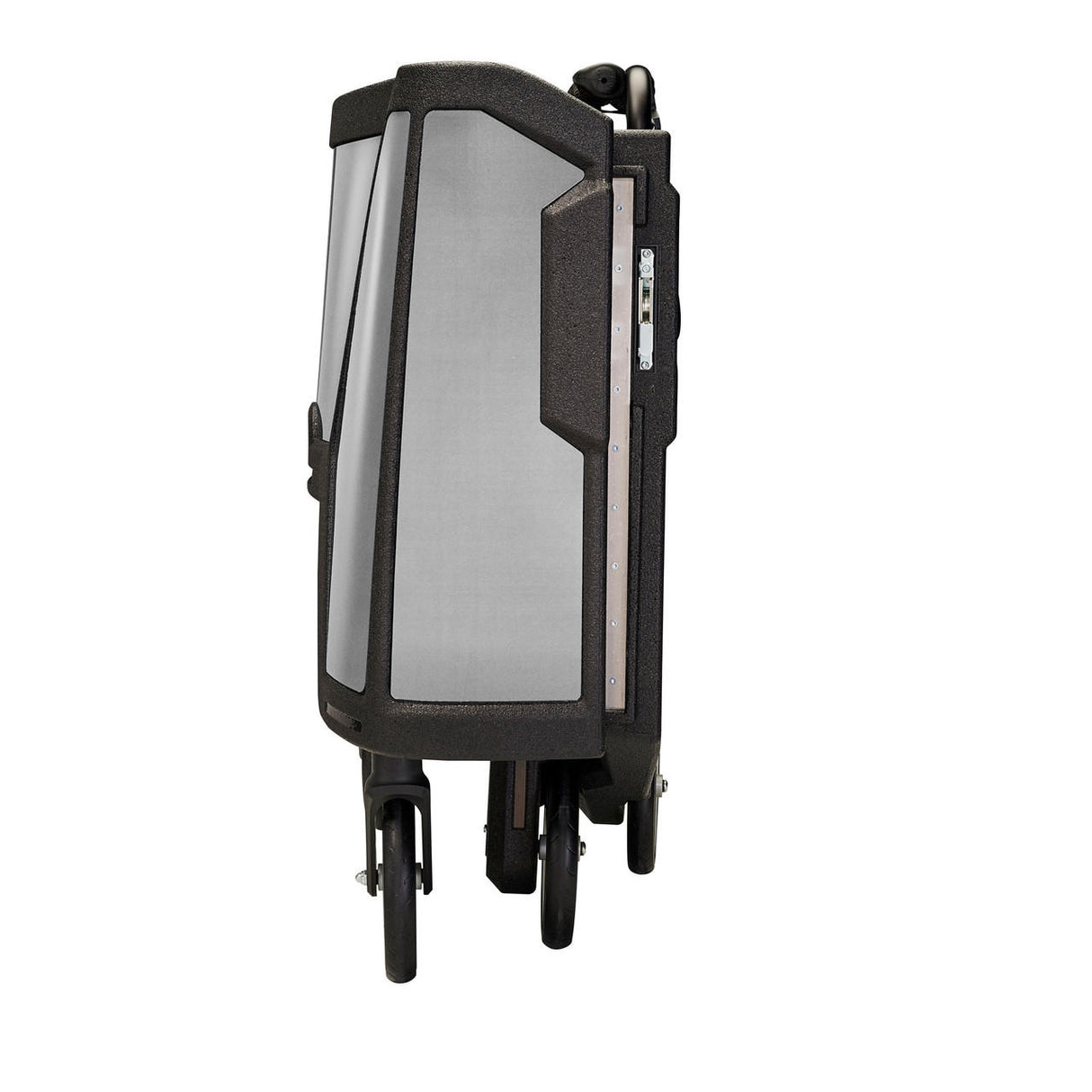 The Motivo Tour Rolling Walker with Seat, Backrest, and Storage by Motivo is an upright rollator (300 lbs), shown fully collapsed for compact storage—a practical mobility solution for seniors on the go.