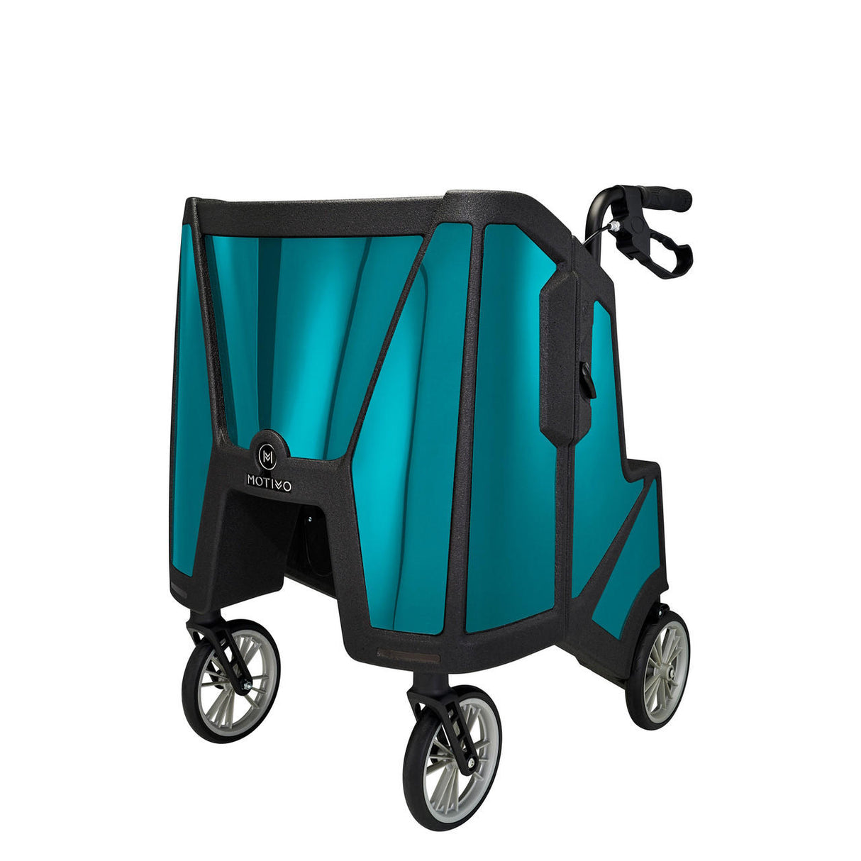 The Motivo Tour Rolling Walker is a stylish, teal and black upright rollator with four wheels, side handles, seat, backrest, and storage—ideal for seniors seeking support. Branded with the Motivo logo; supports up to 300 lbs.