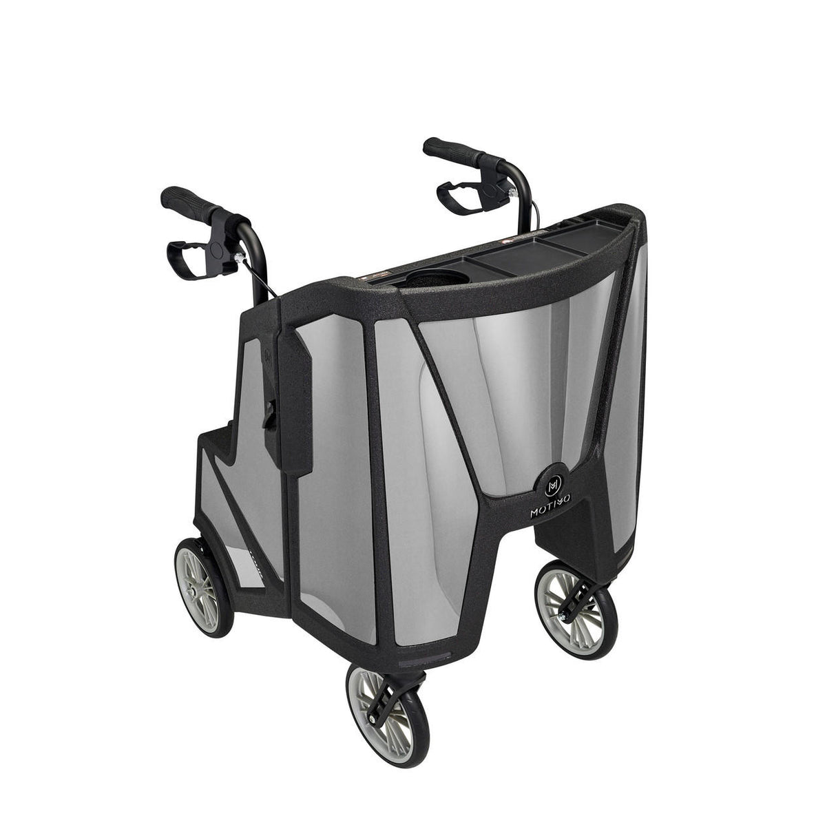 The Motivo Tour Rolling Walker by Motivo features 4 wheels, a seat, backrest, storage tray, and ergonomic handles—an ideal upright rollator for seniors seeking comfort and support. Supports up to 300 lbs.