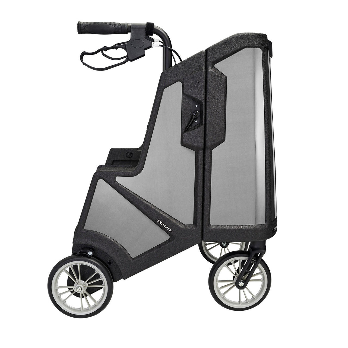 The Motivo Tour Rolling Walker with Seat by Motivo is a modern, black foldable 4-wheeled upright rollator with a geometric design, large wheels, hand brakes on the handlebar, mesh side panels, and supports up to 300 lbs.