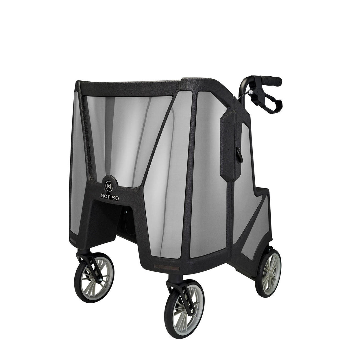 The Motivo Tour Rolling Walker, by Motivo, features a sleek black and grey frame, ergonomic handlebars, seat, backrest, and storage. This upright rollator supports up to 300 lbs—an ideal stability and mobility solution for seniors.