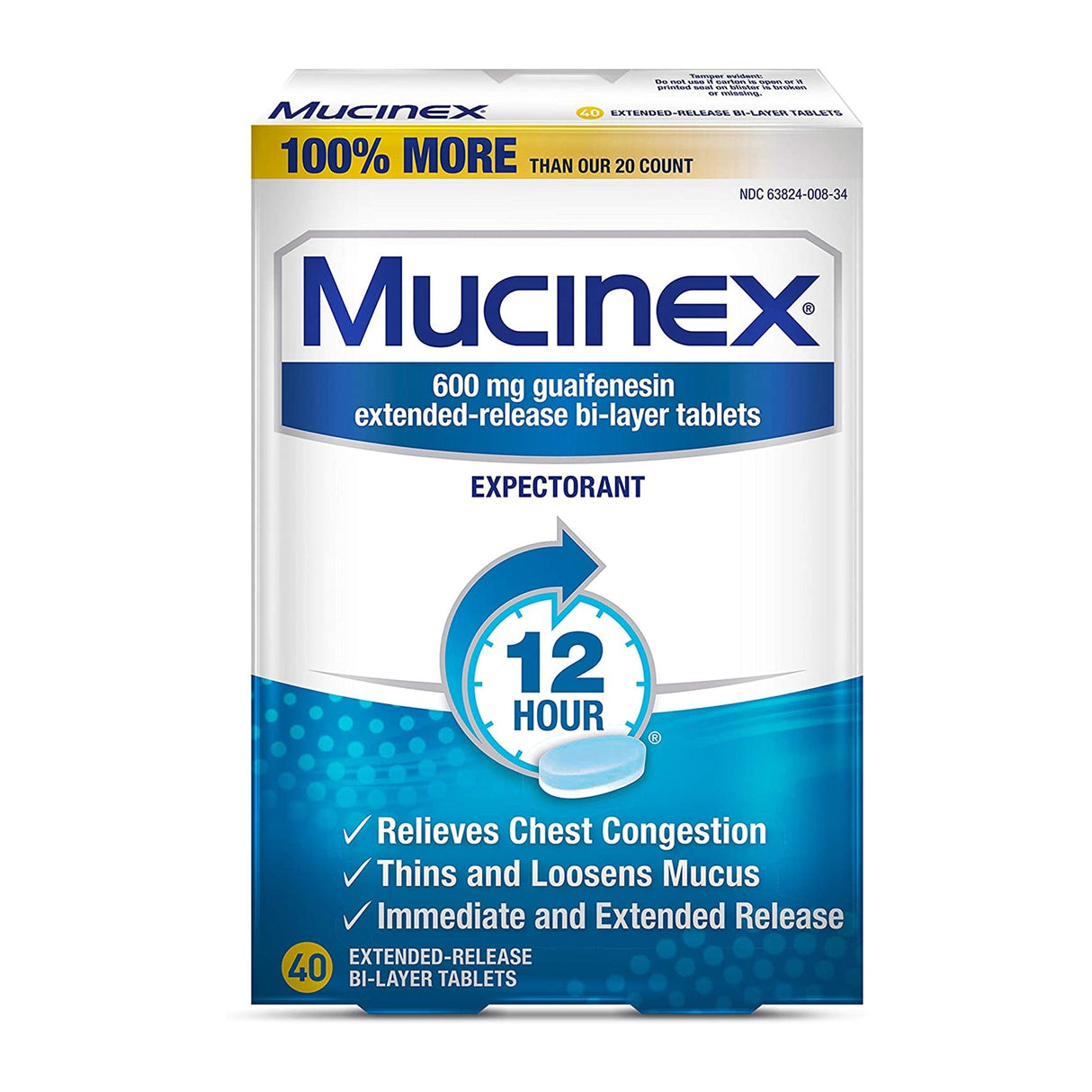 Mucinex 12 - Hour Guaifenesin Extended - Release Bi - Layer Tablets - 63824000834 - LL Medico
