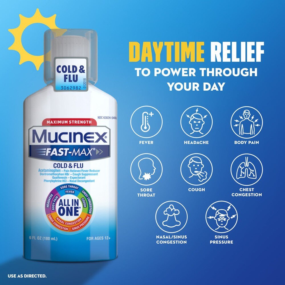 Mucinex Fast - Max Cold & Flu Relief All - In - One Liquid, Maximum Strength, 6 fl oz - 63824054866 - LL Medico