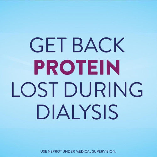 Text on a blue background reads: Replenish protein lost during dialysis with Nepro with Carbsteady Shake, Homemade Vanilla by Abbott Nutrition. Smaller text at the bottom says, Use Nepro® under medical supervision.