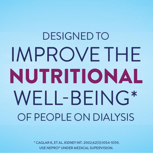 Graphic with a blue background reads: Nepro with Carbsteady Shake, Homemade Vanilla by Abbott Nutrition is designed to support nutrition and well-being in people on dialysis.* Small text cites a medical study and advises use under medical supervision.