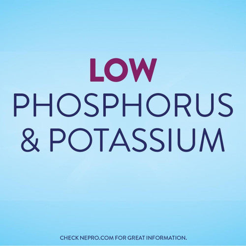 Text on a blue background reads: Nepro with Carbsteady Shake—low in phosphorus & potassium, ideal for kidney disease or dialysis nutrition. At the bottom, smaller text says: Visit nepro.com for more info. Abbott Nutrition.