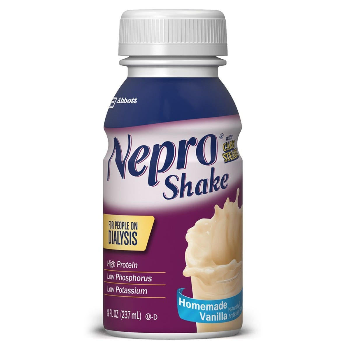An 8 oz Nepro with Carbsteady Shake in homemade vanilla by Abbott Nutrition, designed for kidney disease and dialysis nutrition; high in protein, low in phosphorus and potassium, with a blue and white label showing a vanilla swirl.