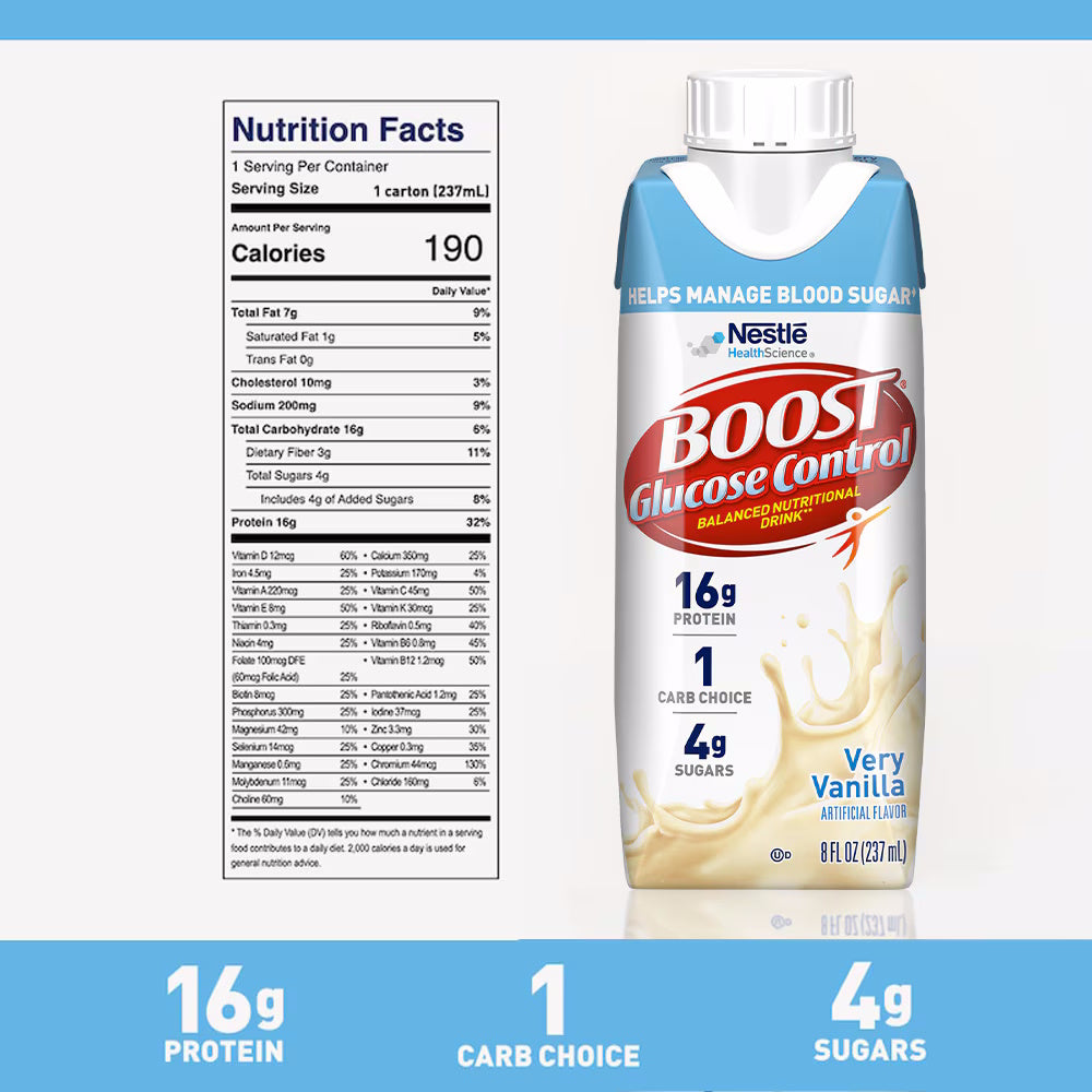 A carton of Nestle Nutrition Glucose Control Nutritional Drink, Very Vanilla (CS/24) is shown, featuring 16g protein, 1 carb choice, and 4g sugars per serving. This diabetes meal replacement helps manage blood sugar with a low glycemic index.