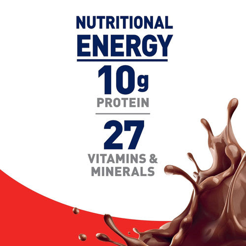 Splash of rich chocolate with text: Nutritional Energy, 10g Protein, 27 Vitamins & Minerals, highlighting Nestle Boost Original Nutritional Drink (Rich Chocolate, 8 oz bottle) by Nestle Nutrition on a white and red background.