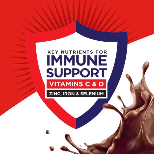 A red and blue shield reads: Key Nutrients for Immune Support. Vitamins C & D, Zinc, Iron & Selenium. Brown liquid from a Nestle Boost Original Nutritional Drink, Rich Chocolate 8 oz bottle splashes on a red and white background.