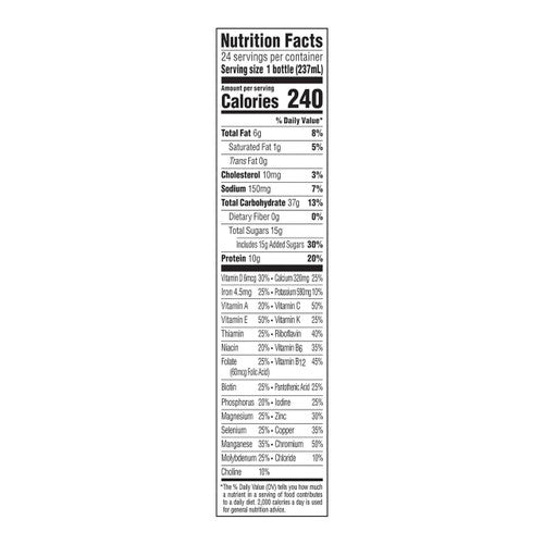Nutrition facts label for Nestle Boost Original Nutritional Drink, Rich Chocolate, 8 oz bottle by Nestle Nutrition. Each bottle has 240 calories and details on fat, cholesterol, sodium, carbs, sugar, protein, vitamins & minerals. Case of 24 bottles.