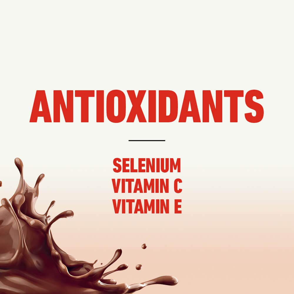 Large red Antioxidants text highlights Selenium, Vitamin C, and Vitamin E—ideal for Nestle Boost Plus Nutritional Drink, Rich Chocolate, 8 oz by Nestle Nutrition. A brown splash decorates the bottom left on a light background.