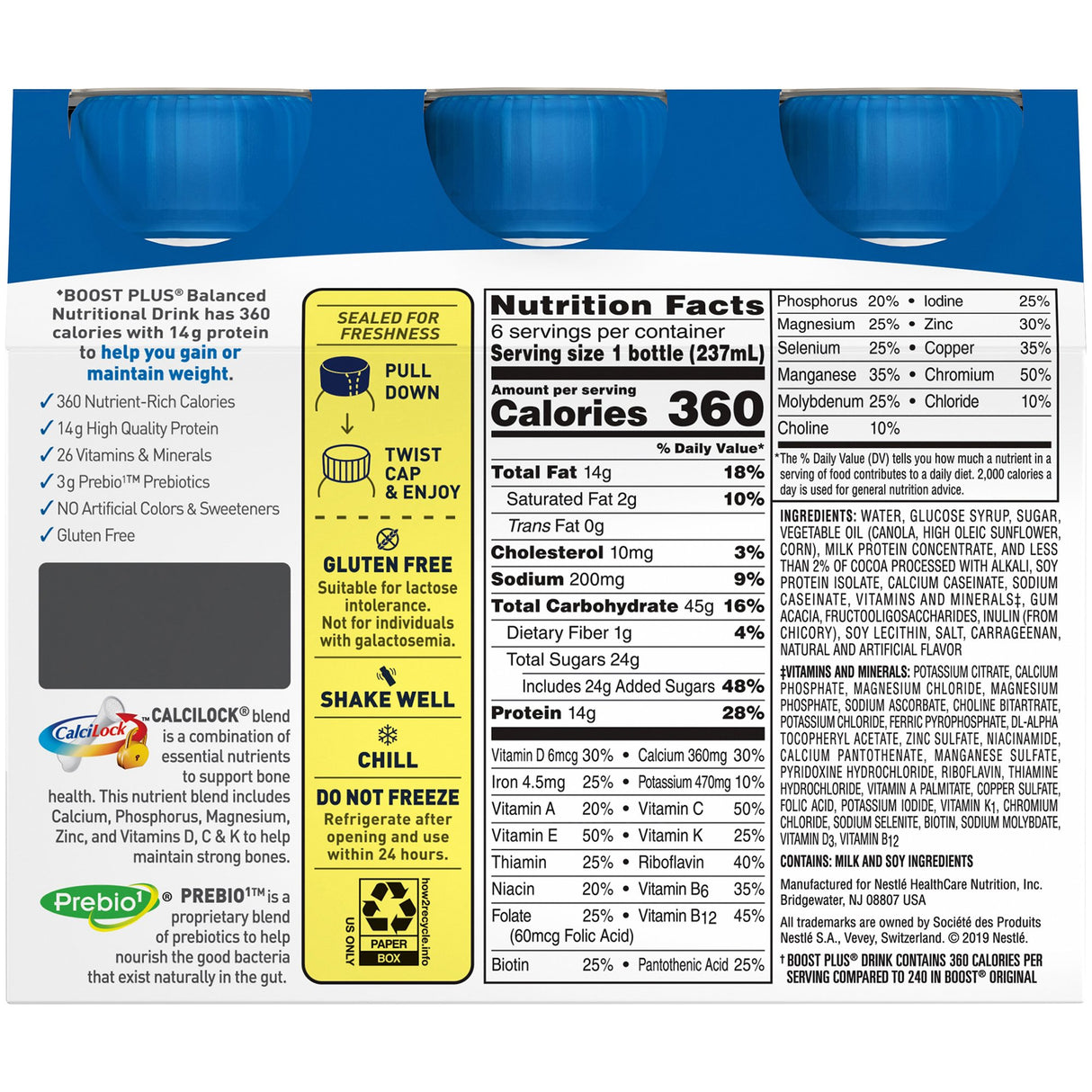 Nutrition label for Nestle Boost Plus Nutritional Drink, Rich Chocolate, 8 oz (Nestle Nutrition): 360 calories, 14g protein per bottle, gluten-free; contains fat, cholesterol, sodium, plus key vitamins and minerals—ideal for weight gain. CS/24.