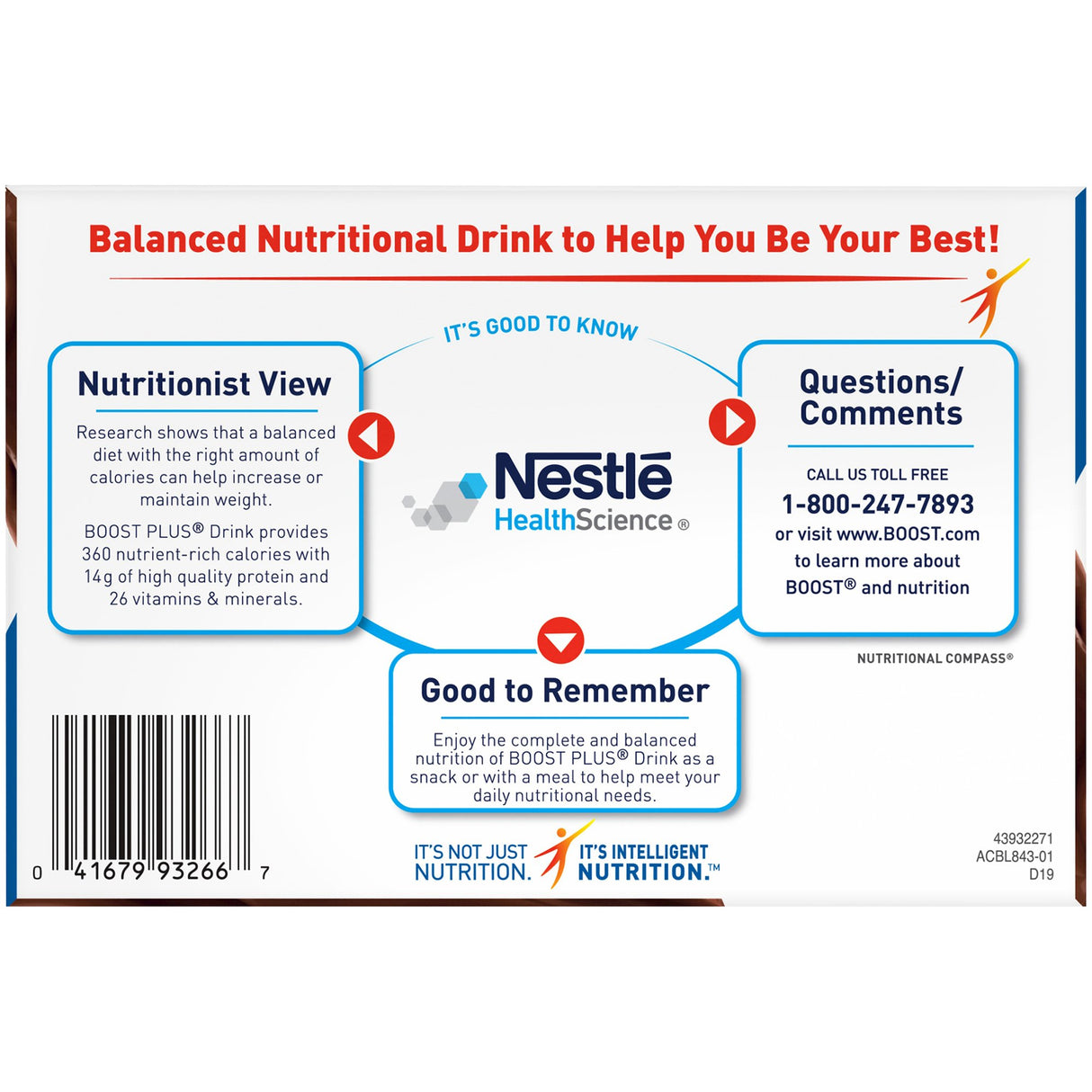 The back of a Nestle Nutrition BOOST Plus Rich Chocolate 8 oz bottle case (24 pack) displays nutrition facts, a barcode, and customer service info, plus sections on balanced nutrition, vitamins, and consumer tips.