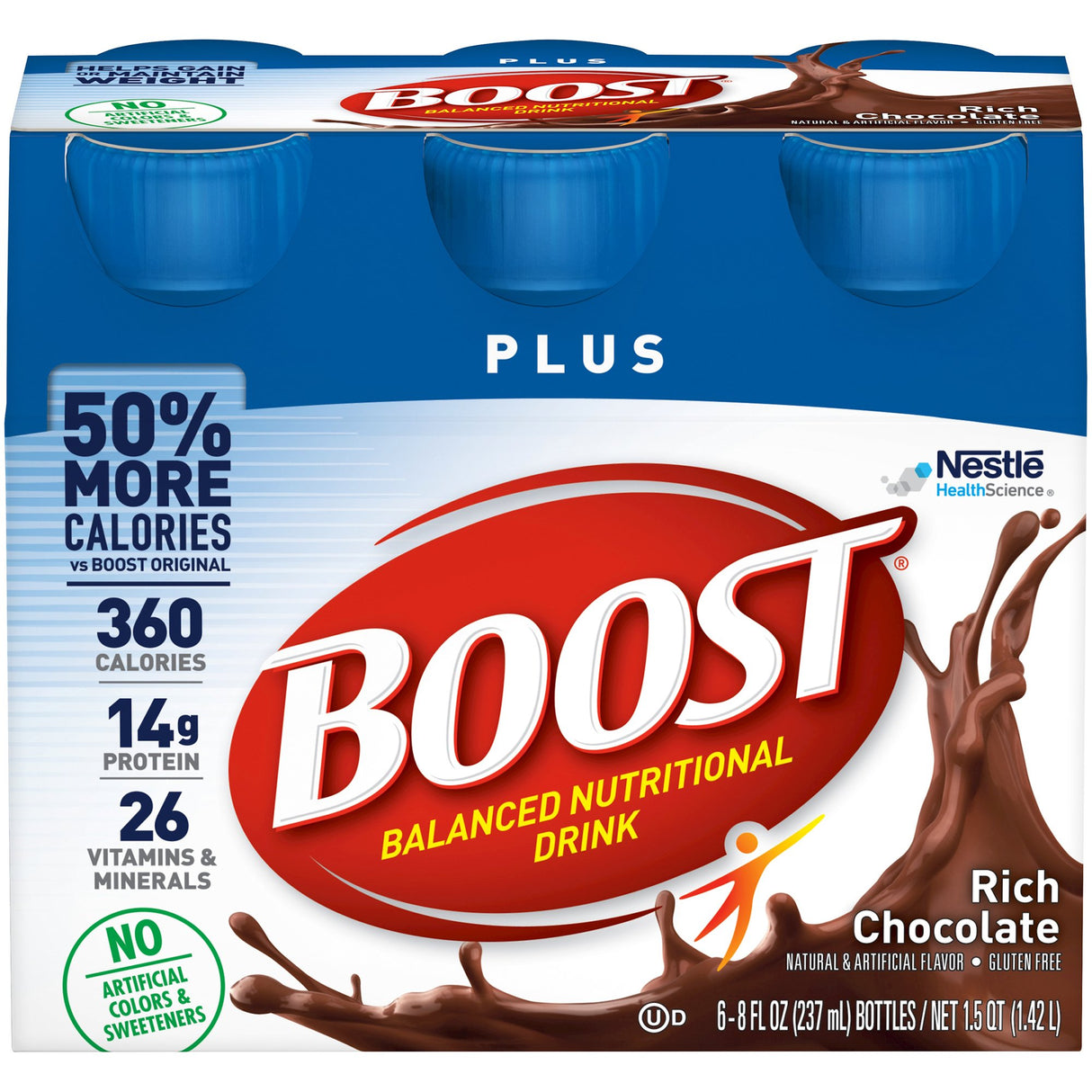 Nestle Nutrition Boost Plus Rich Chocolate Nutritional Drink, 8 oz bottles (case of 24): high-calorie supplement with 360 calories for weight gain, 14g protein, 26 vitamins & minerals, no artificial colors or sweeteners.