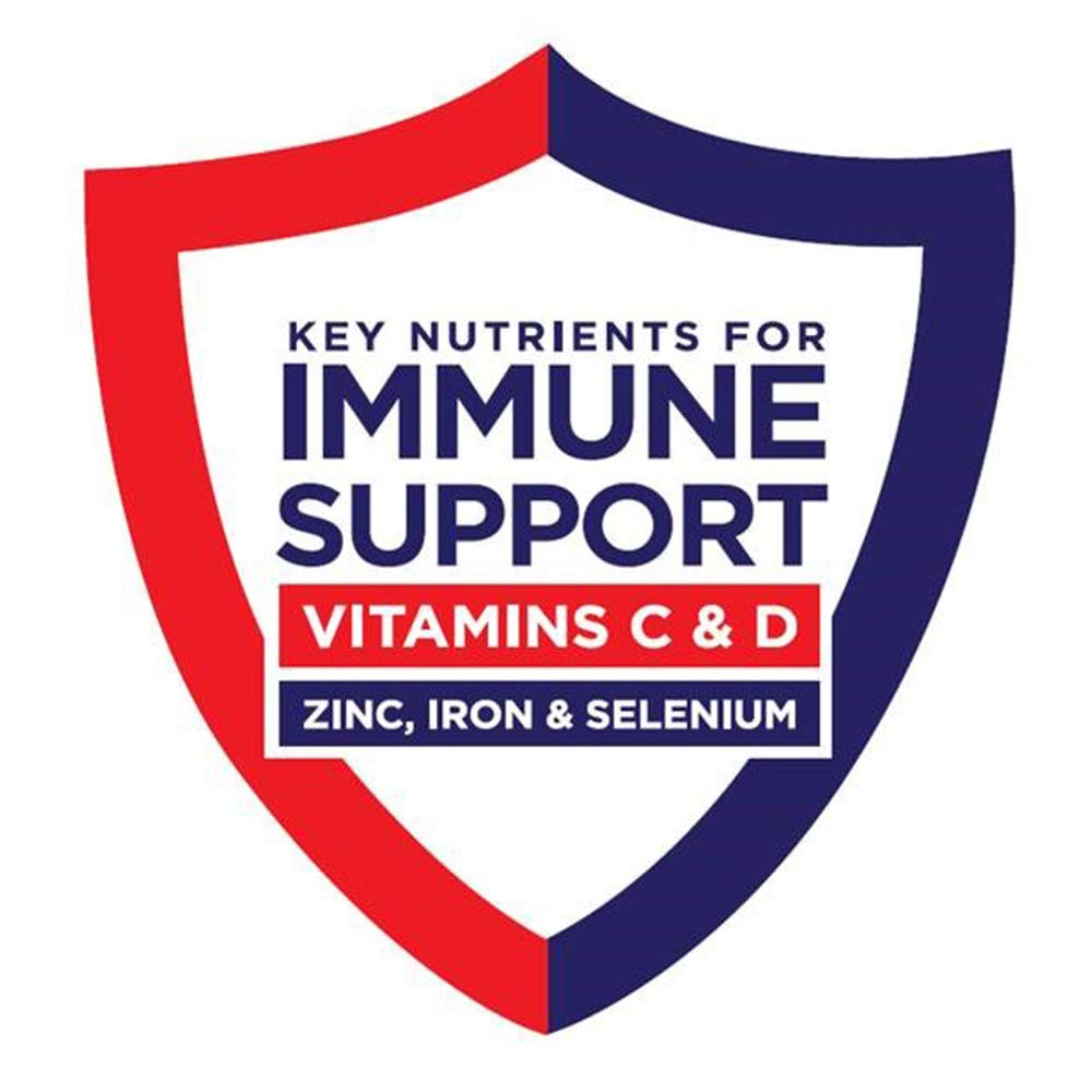 A shield graphic with red and blue outlines. Inside, text reads: Nestle Boost Plus has Vitamins C & D, Zinc, Iron & Selenium for immune support—perfect as a high-calorie nutritional drink or protein supplement. Rich Chocolate, 8 oz bottles, 24-pack.