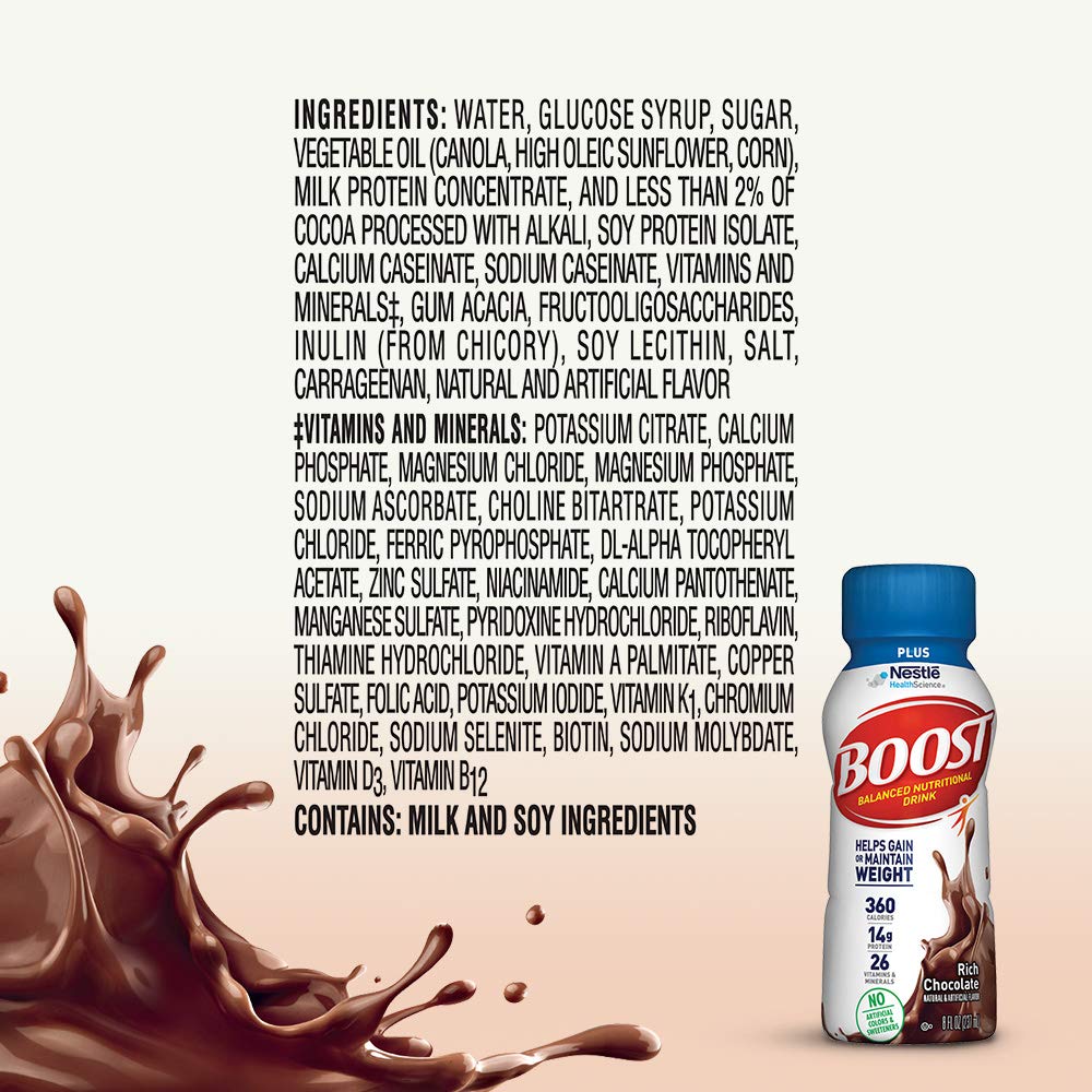A bottle of Nestle Nutrition Boost Plus Nutritional Drink, Rich Chocolate, 8 oz, is surrounded by splashing chocolate. Ingredients and nutrition facts for this high-calorie shake appear next to the bottle on a white background.