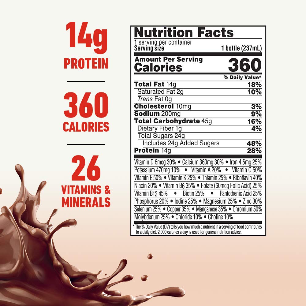 Nestle Boost Plus Nutritional Drink, Rich Chocolate, 8 oz by Nestle Nutrition offers 14g protein, 360 calories, and 26 vitamins & minerals per bottle. Great for weight gain or as a protein supplement; packaging features chocolate milk splashes and nutrition facts.