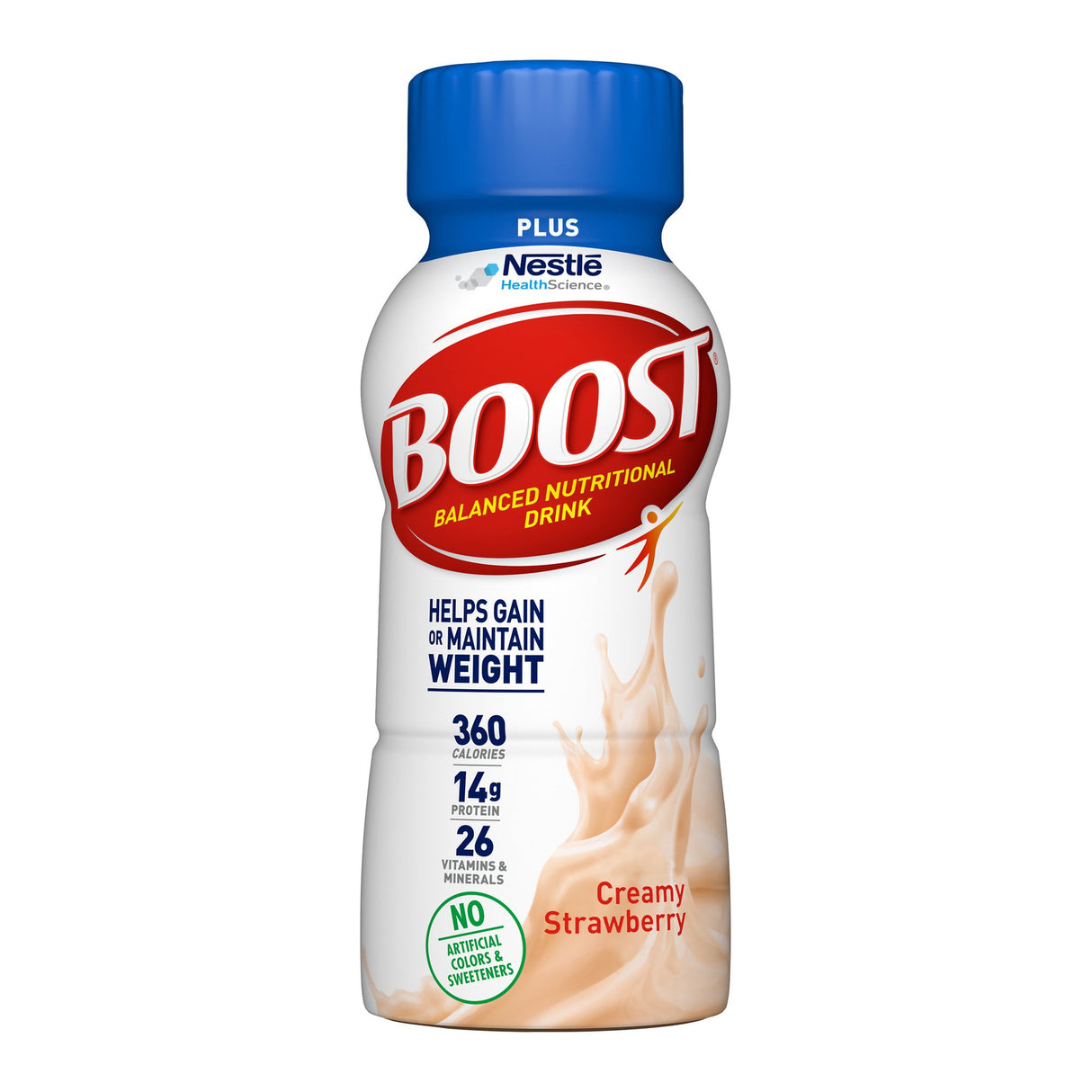 An 8 oz bottle of Nestle Boost Plus Nutritional Drink, Creamy Strawberry, by Nestle Nutrition. Each serving provides 360 calories, 14g protein, 26 vitamins & minerals, no artificial sweeteners, and supports weight management.