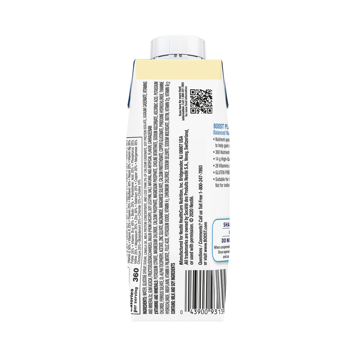 A side view of a Nestle Boost Plus Nutritional Drink, Very Vanilla, 8 oz Carton (CS/24) by Nestle Nutrition shows nutrition facts, ingredients, barcode, QR code, and product details printed on the packaging.
