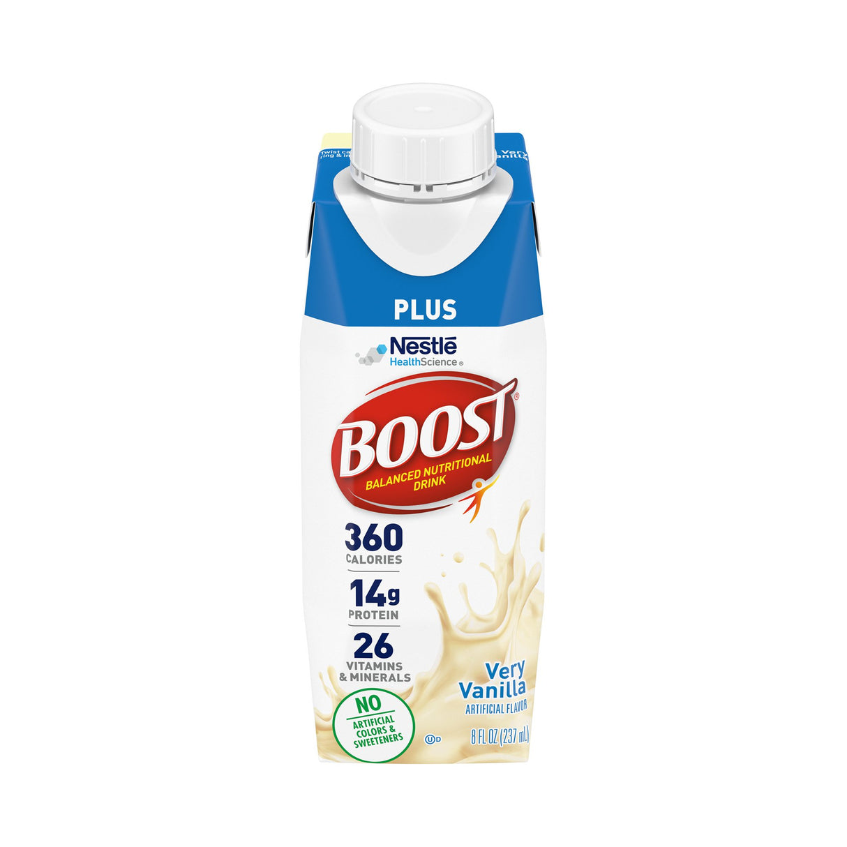 Nestle Boost Plus Nutritional Drink, Very Vanilla, 8 oz carton (case of 24) by Nestle Nutrition provides 360 calories, 14g protein, and 26 vitamins & minerals in a white and blue carton with a vanilla drink graphic.