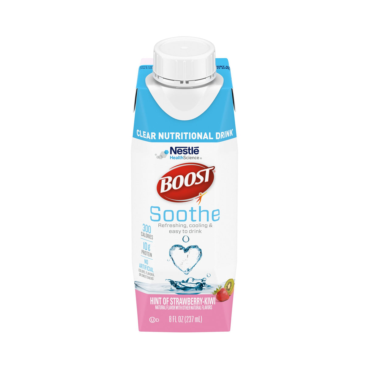A case of Nestle Nutrition Boost Soothe Clear Nutritional Drink, Strawberry Kiwi, CS/24, 8 fl oz each. Each drink provides 300 calories and 10g protein to support sensitive mouth nutrition; label features a heart and fruit design.