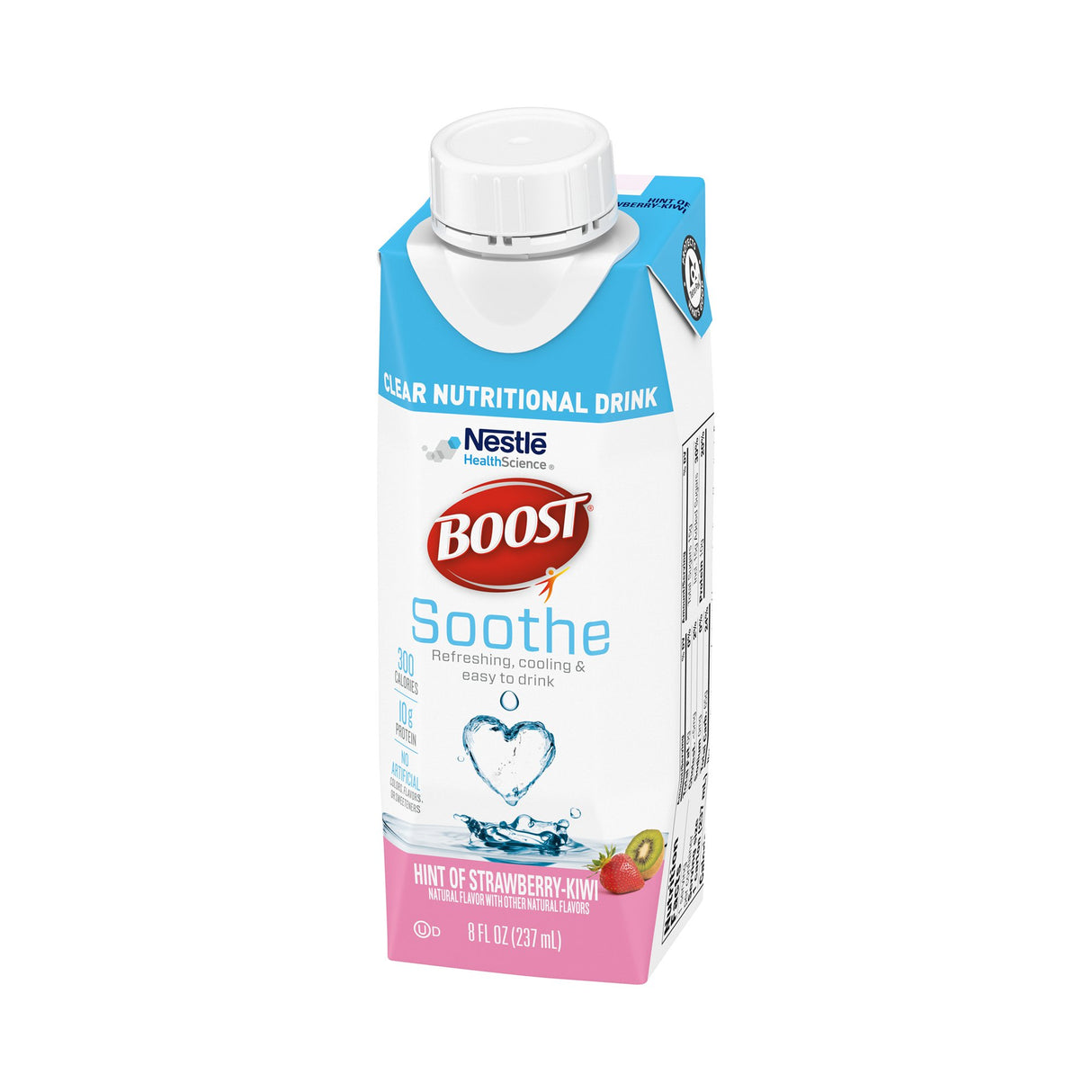Nestle Nutrition Boost Soothe Clear Nutritional Drink, Strawberry Kiwi, CS/24 is a clear liquid nutrition option for sensitive mouths. The packaging features a white and blue design with strawberry and kiwi images on the front.