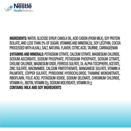 Nutrition label for Nestle Boost Very High Calorie (VHC), Chocolate, 8 oz by Nestle Nutrition lists water, glucose syrup, milk proteins, oils, minerals, vitamins, flavorings; contains milk and soy. Case of 24 cartons.