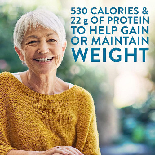 Smiling older woman with short gray hair in a yellow sweater, with text: 530 calories & 22g protein—Nestle Boost Very High Calorie (VHC), Chocolate, 8 oz, from Nestle Nutrition to support weight gain or maintenance.