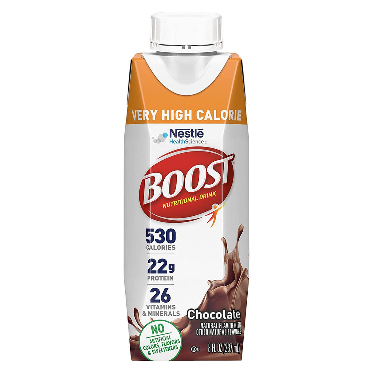 Nestle Boost Very High Calorie (VHC), Chocolate, 8 oz carton from Nestle Nutrition provides 530 calories, 22g protein, and 26 vitamins & minerals per serving, with no artificial colors, flavors or sweeteners. Available in a case of 24.
