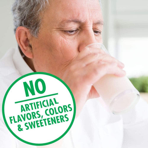 An older adult enjoys a glass of strawberry Nestle Boost Very High Calorie (VHC). A green circular label in front states, NO ARTIFICIAL FLAVORS, COLORS & SWEETENERS, emphasizing the care in this high calorie Nestle Nutrition supplement.