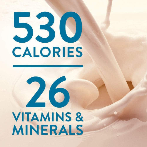 Milk splashes behind bold blue text: 530 calories, 26 vitamins & minerals, featuring Nestle Nutrition Boost Very High Calorie (VHC) Strawberry, 8 oz carton, CS/24—a high calorie nutritional supplement.