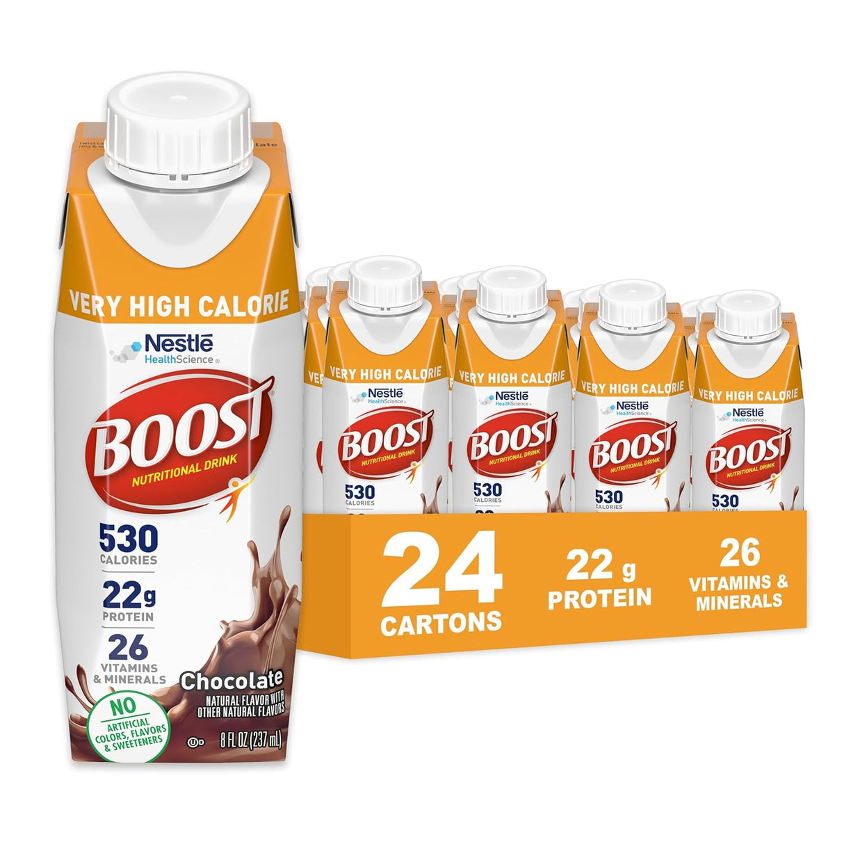 A case of 24 Nestle Boost Very High Calorie (VHC) Chocolate 8 oz cartons by Nestle Nutrition delivers 530 calories, 22g protein, and 26 vitamins and minerals per serving, as highlighted on the packaging.