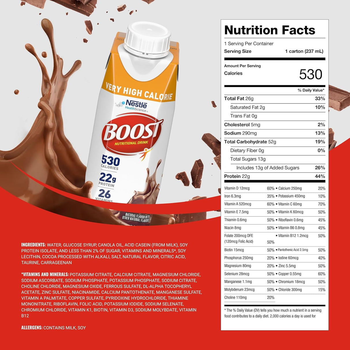 A Nestle Nutrition Boost Very High Calorie (VHC) Chocolate 8 oz carton from a case of 24 is shown with chocolate splashes and displays its Nutrition Facts and ingredients on a red background.