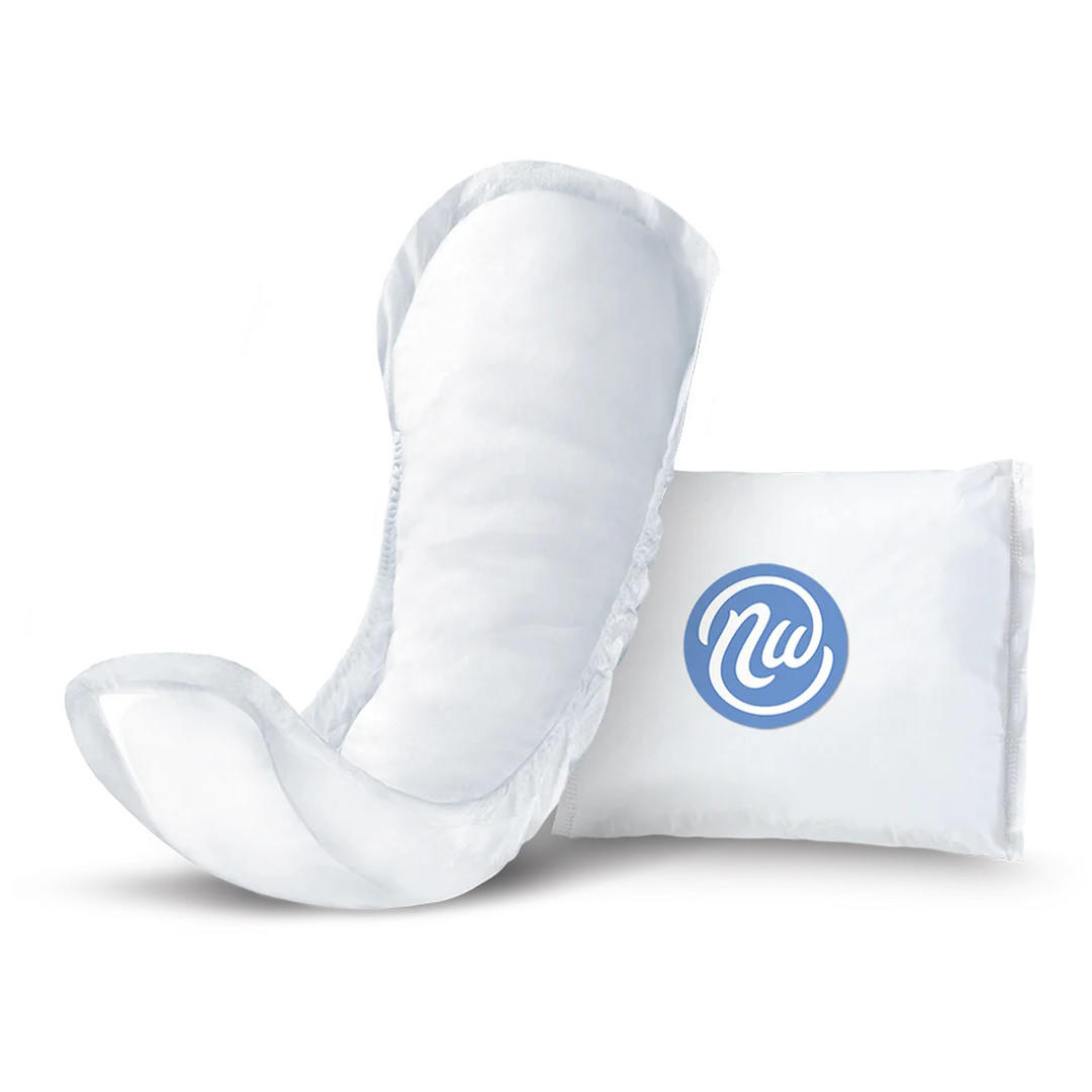 A Nexwear Incontinence Pad, Maximum Long, stands upright beside its rectangular packaging, which features a blue circular logo with NW in the center.