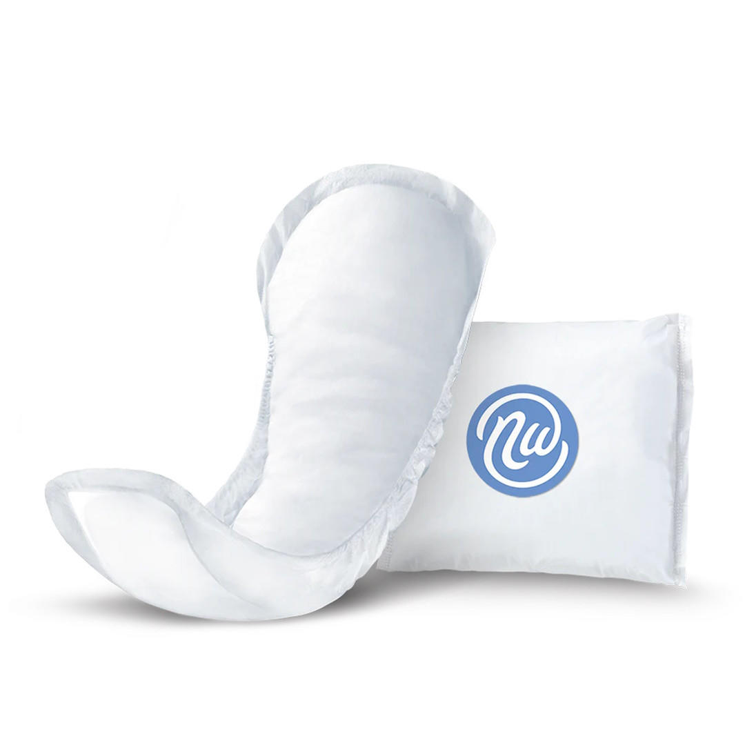 A white Nexwear Incontinence Pad, Maximum absorbency, stands upright beside a white rectangular Nexwear package with a blue circular nw logo at the center.