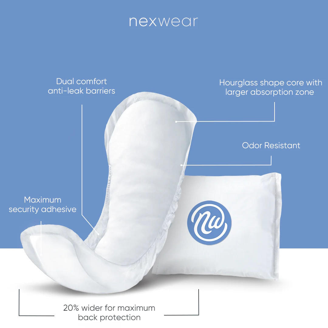 Nexwear Incontinence Pads, Maximum by Nexwear: white, super absorbent pads with dual comfort anti-leak barriers, hourglass core, odor resistance, max-security adhesive, and 20% wider back; shown in wrapper with nw logo on blue.