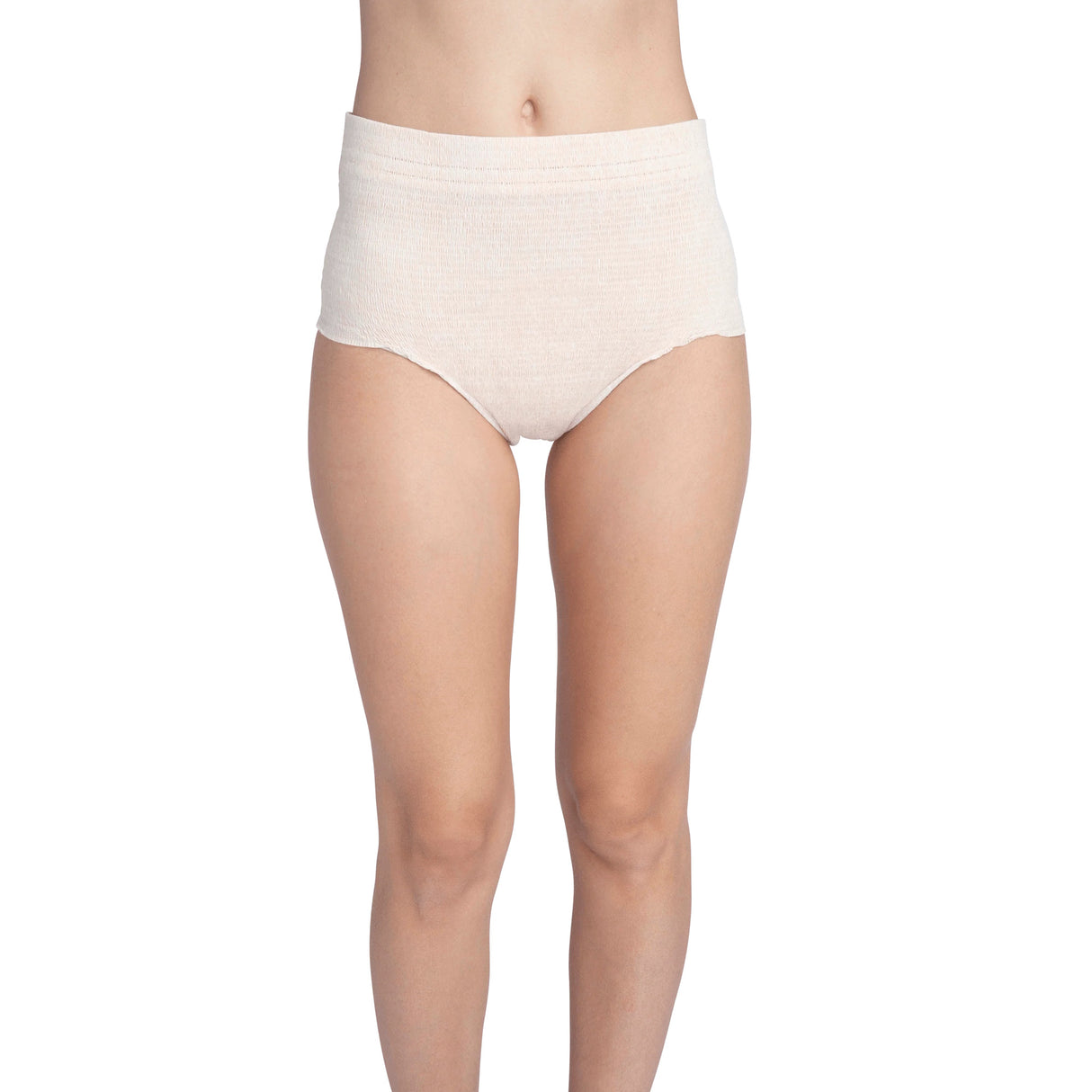 A person stands, waist down, wearing Nexwear Womens Incontinence Underwear by Nexwear in high-waisted light beige with moderate absorbency, photographed against a plain white background.