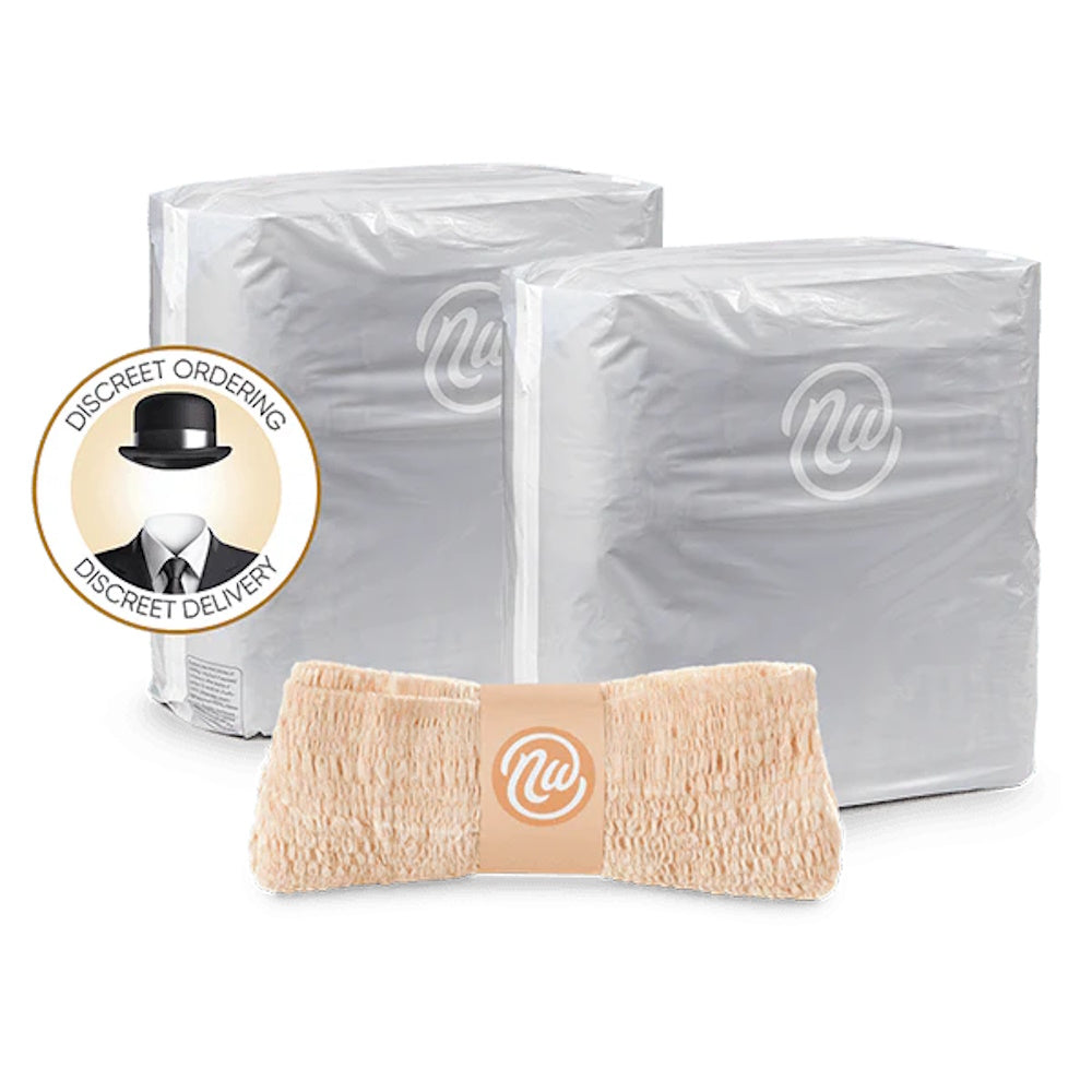 Two packs of Nexwear Womens Incontinence Underwear sit behind a folded beige pad. A badge on the left shows a figure in a hat and coat with text Discreet Ordering Discreet Delivery for bladder leak protection.
