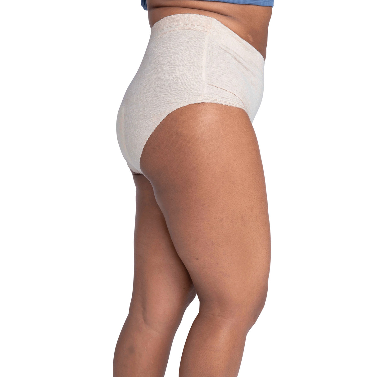 A person models Nexwear Womens Incontinence Underwear by Nexwear, standing sideways to showcase the fit, light color, moderate absorbency, and coverage. Only the lower torso and upper legs are shown.