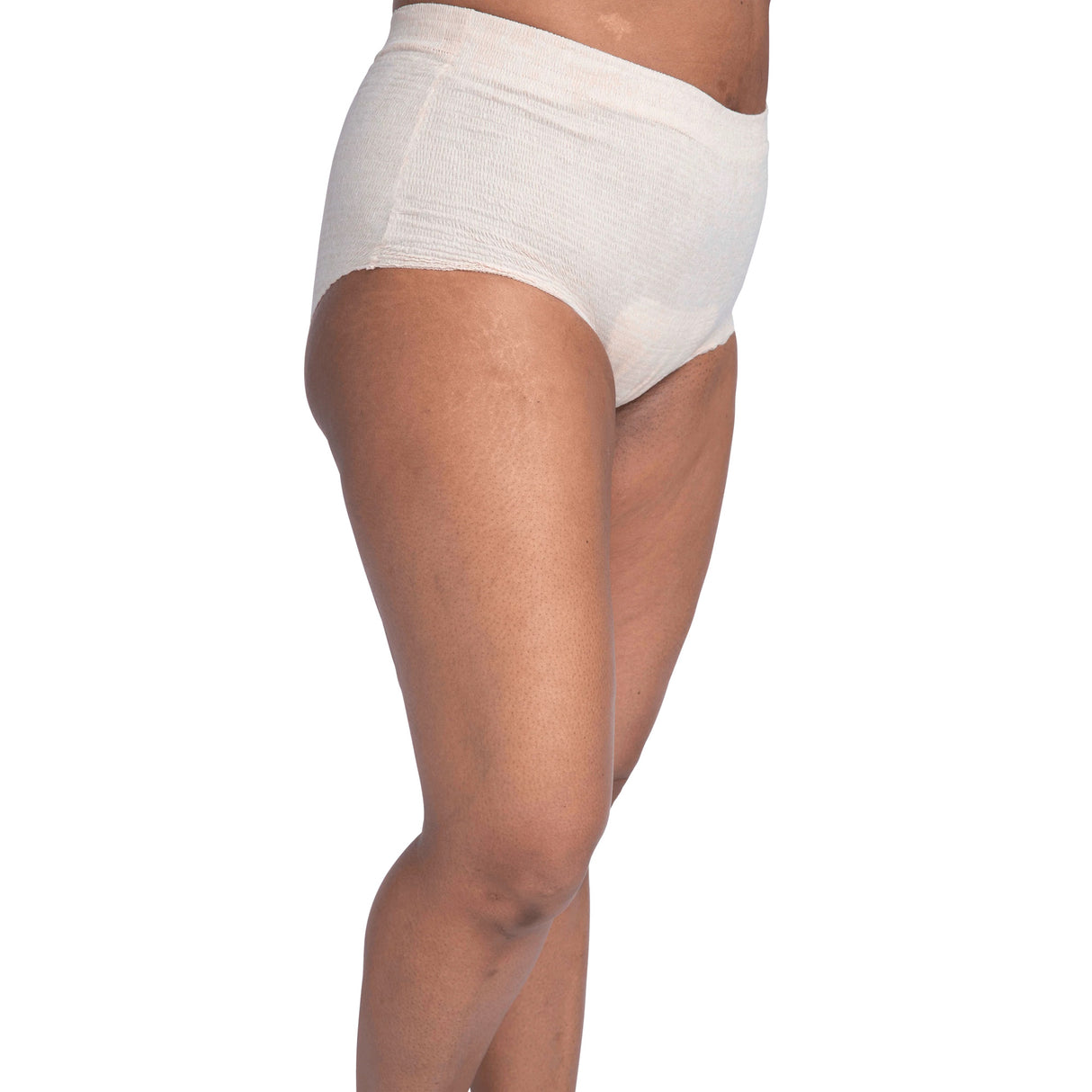 A person models Nexwear Womens Incontinence Underwear—high-waisted and light-colored—showing a side view of their lower torso and upper legs against a plain white background.