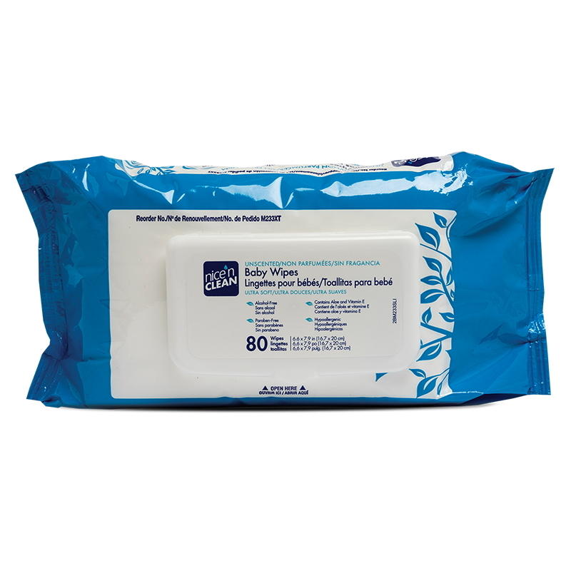 A blue package of PDI Nicen Clean Baby Wipes, Unscented, with a white label featuring English, French, and Spanish. Contains 80 gentle, alcohol-free wipes.