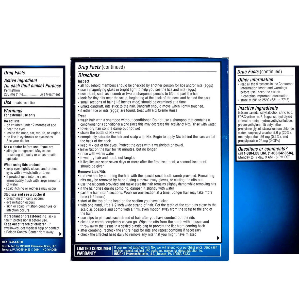 Image displaying directions, warnings, drug facts, and ingredients for NIX Lice Killing Creme Rinse, 2 oz Bottle by NIX, with detailed usage instructions and safety information on a blue and white background.